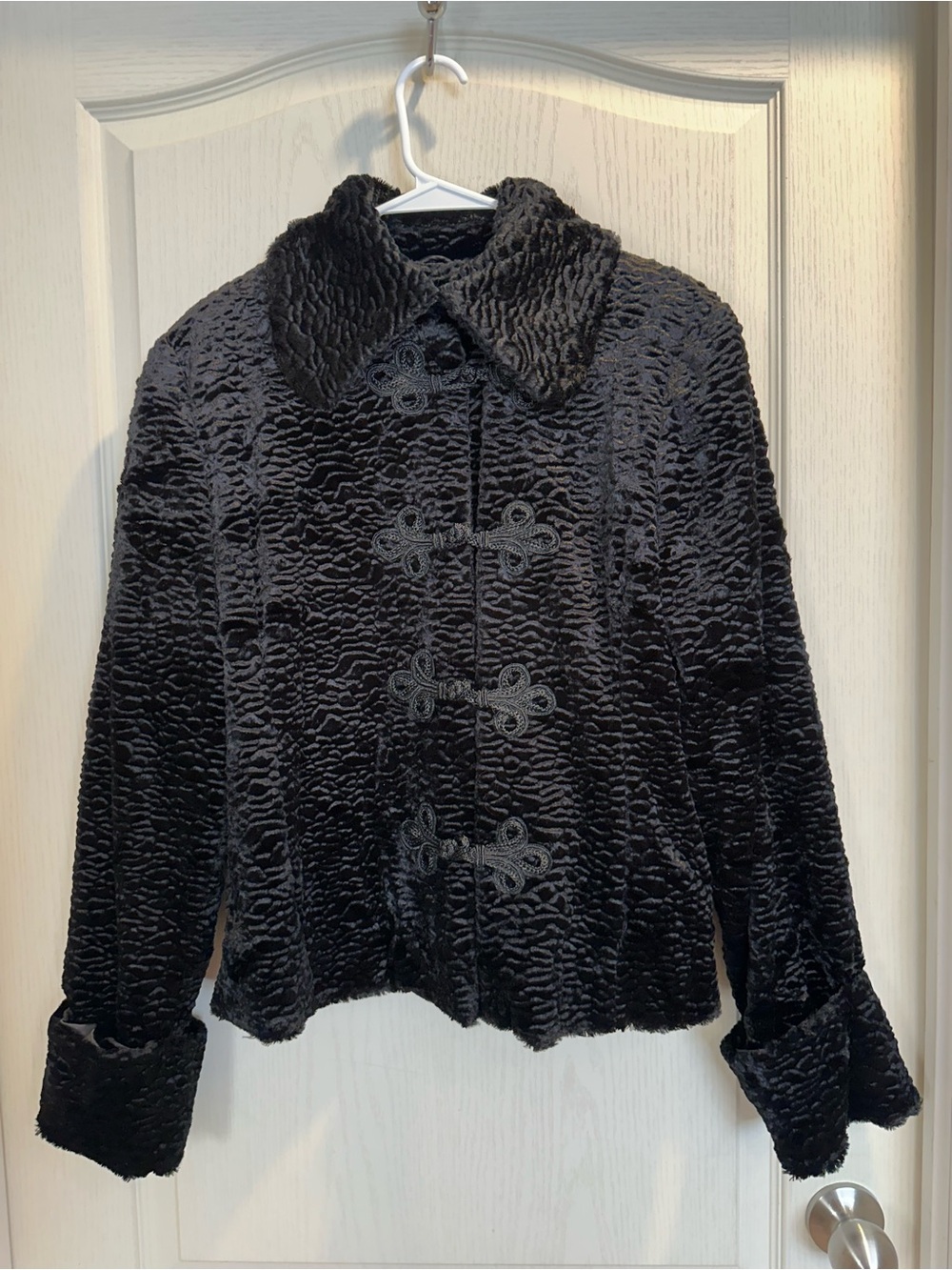 Black Faux Persian Lamb Jacket with Chinese frog closures UK 16 / US L